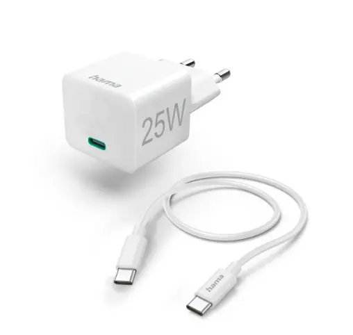 Hama Chargeur rapide avec câble USB-C, chargeur mini, PD, 25W, 1,5 m, blanc