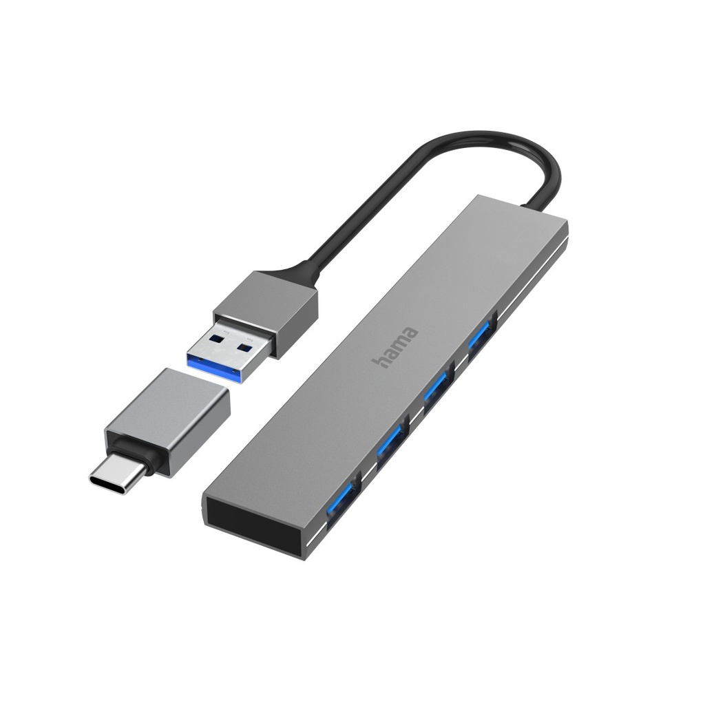 Hama Hub USB, 4 ports, USB 3.2 Gen1, 5 Gbit/s, ultraslim avec adaptateur USB-C
